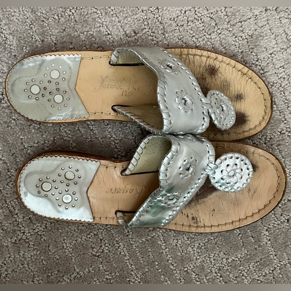 silver jack Rogers flat thong sandals